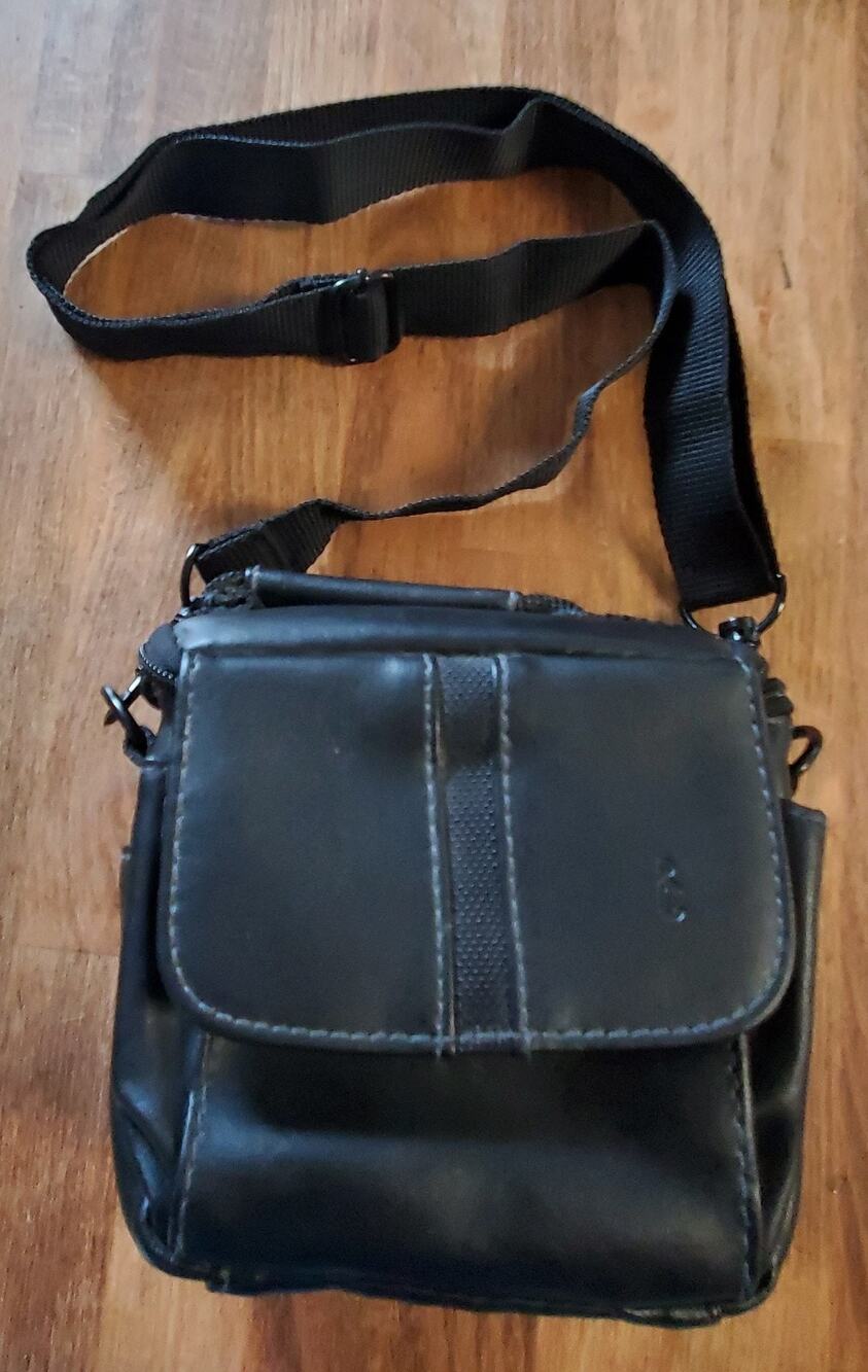 C Icon Black Leather Camera Bag With Strap, Bag & Strap